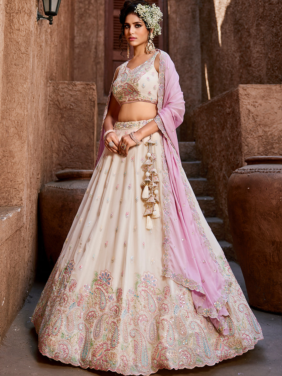 Engaging white pink lehenga Satin Silk Fabric Sequins embroidery