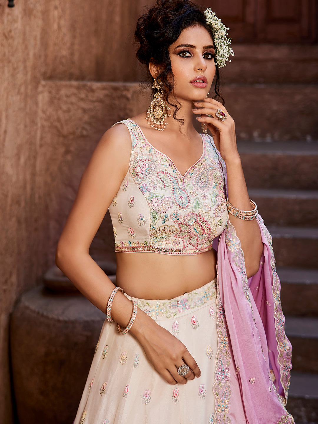 Engaging white pink lehenga Satin Silk Fabric Sequins embroidery