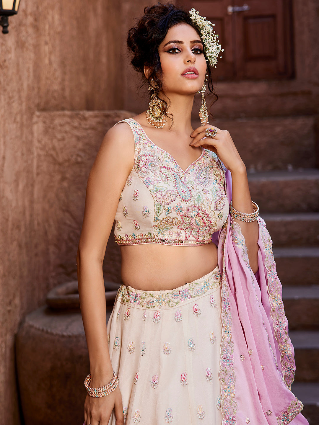 Engaging white pink lehenga Satin Silk Fabric Sequins embroidery