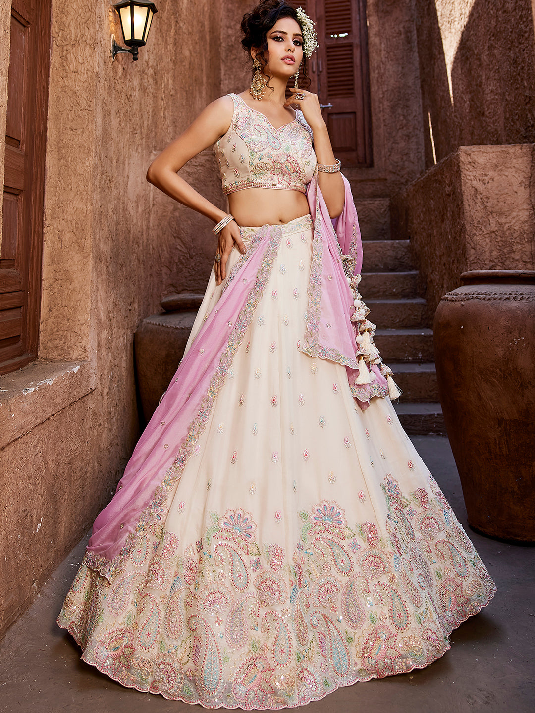 Engaging white pink lehenga Satin Silk Fabric Sequins embroidery