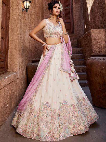 Engaging white pink lehenga Satin Silk Fabric Sequins embroidery