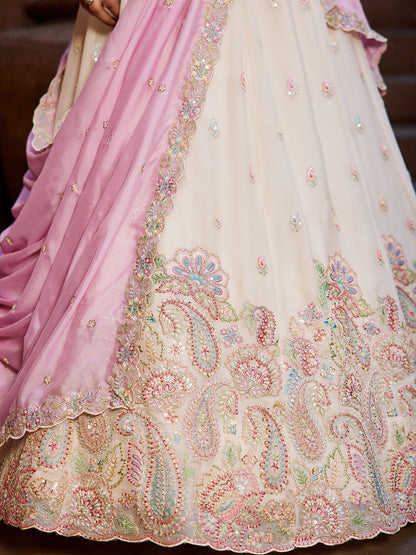 Engaging white pink lehenga Satin Silk Fabric Sequins embroidery