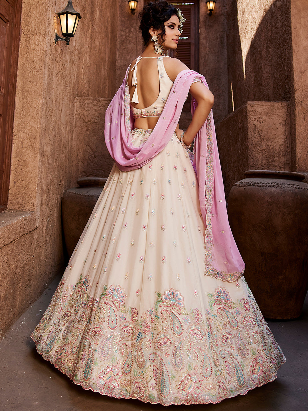 Engaging white pink lehenga Satin Silk Fabric Sequins embroidery