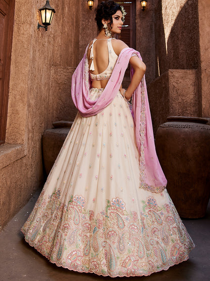Engaging white pink lehenga Satin Silk Fabric Sequins embroidery