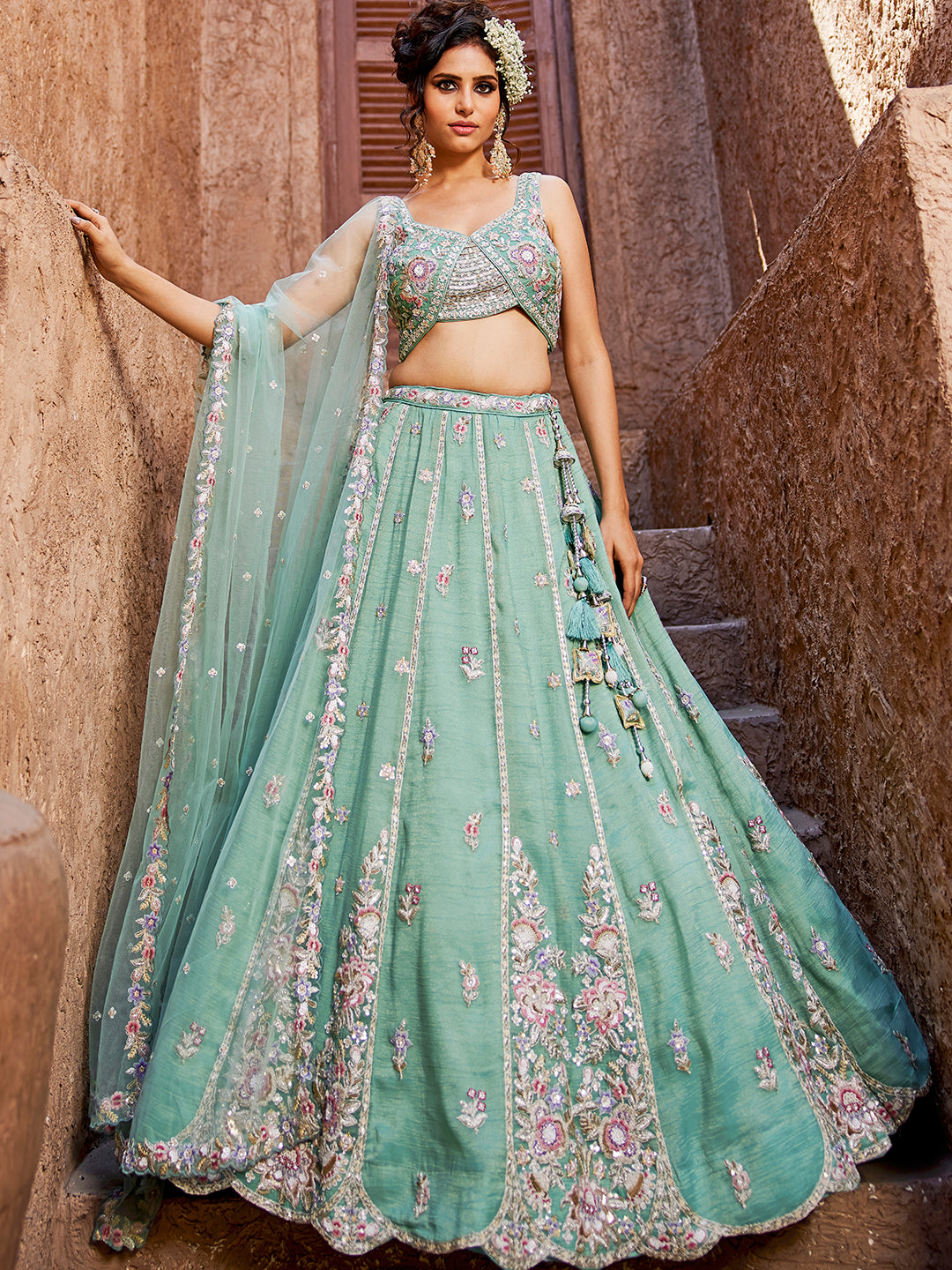 Pleasing green turquoise blue lehenga