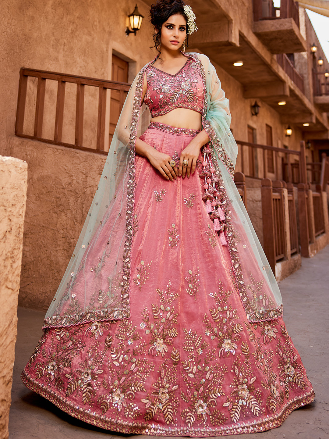 Good looking pink lehenga Tissue Fabric Sequins embroidery