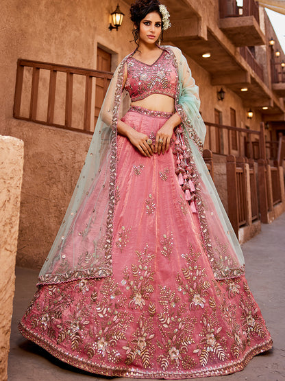 Good looking pink lehenga Tissue Fabric Sequins embroidery