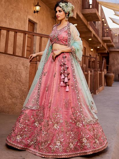 Good looking pink lehenga Tissue Fabric Sequins embroidery
