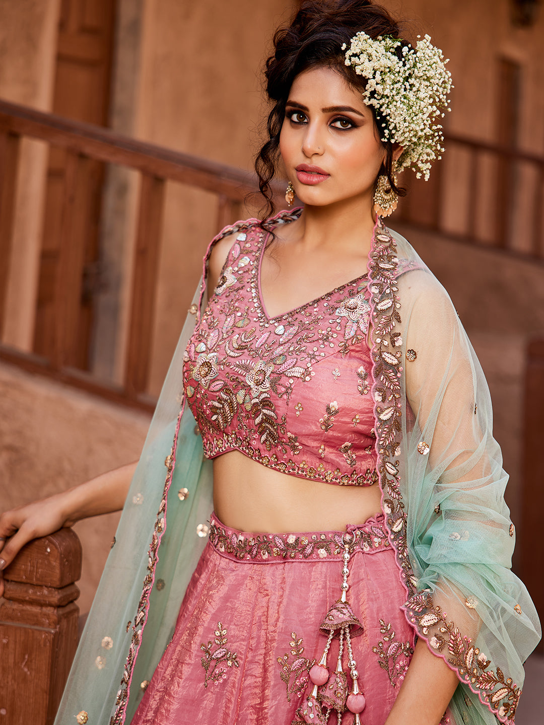Good looking pink lehenga Tissue Fabric Sequins embroidery