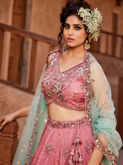 Good looking pink lehenga Tissue Fabric Sequins embroidery
