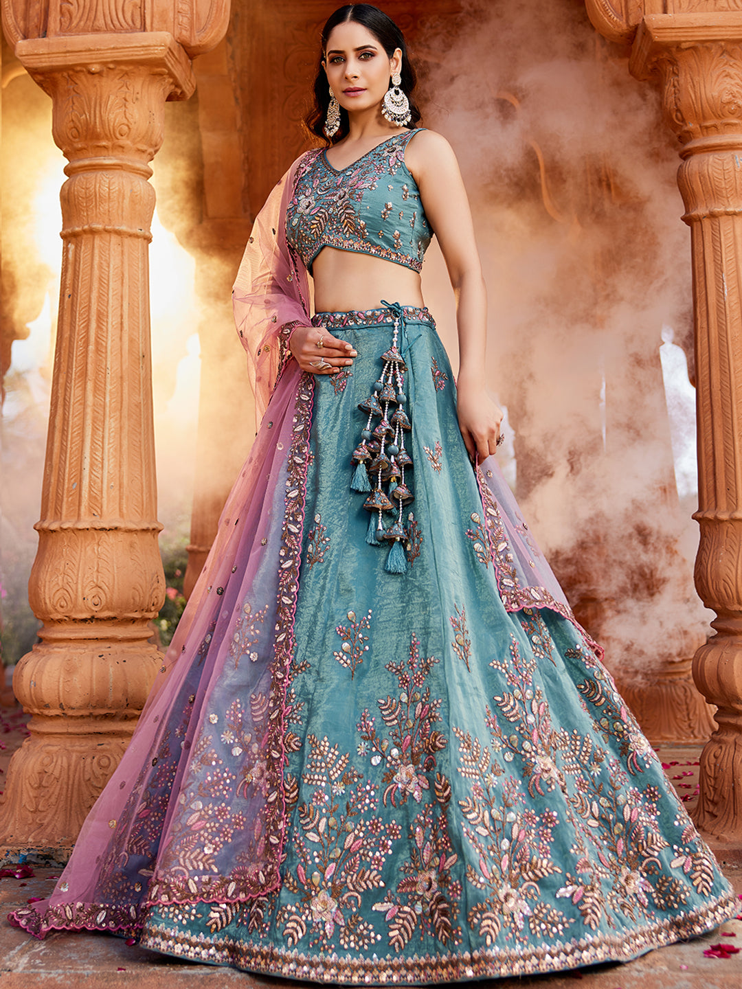 Lavishing green blue lehenga Tissue Fabric Sequins embroidery