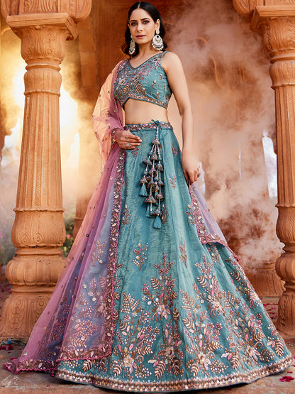 Lavishing green blue lehenga Tissue Fabric Sequins embroidery