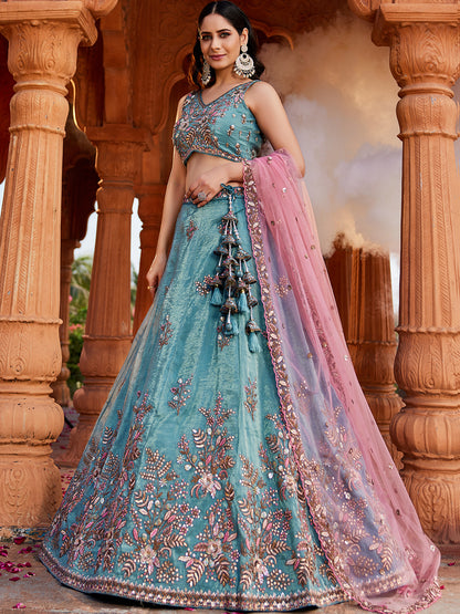 Lavishing green blue lehenga Tissue Fabric Sequins embroidery