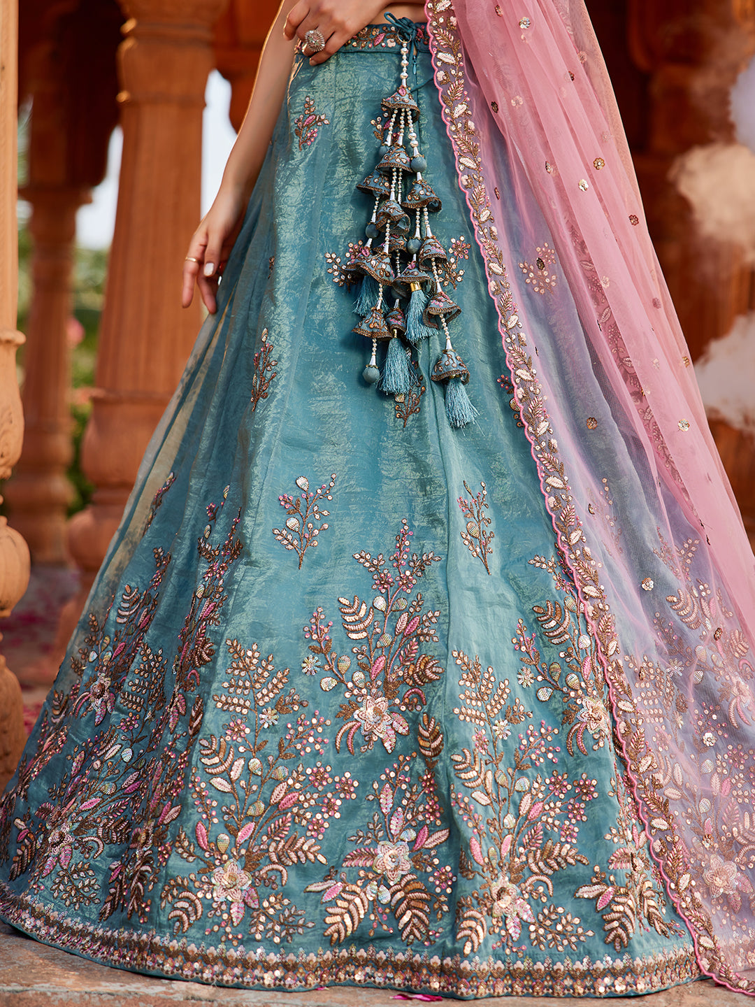 Lavishing green blue lehenga Tissue Fabric Sequins embroidery