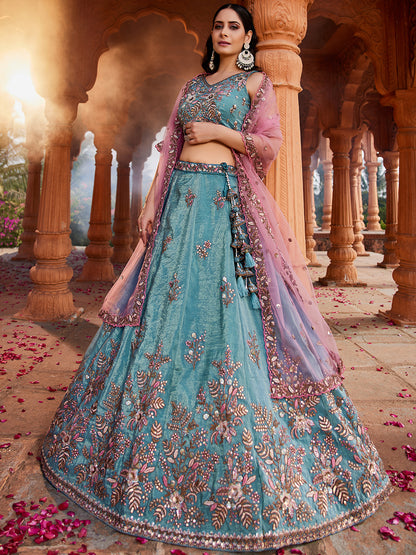 Lavishing green blue lehenga Tissue Fabric Sequins embroidery