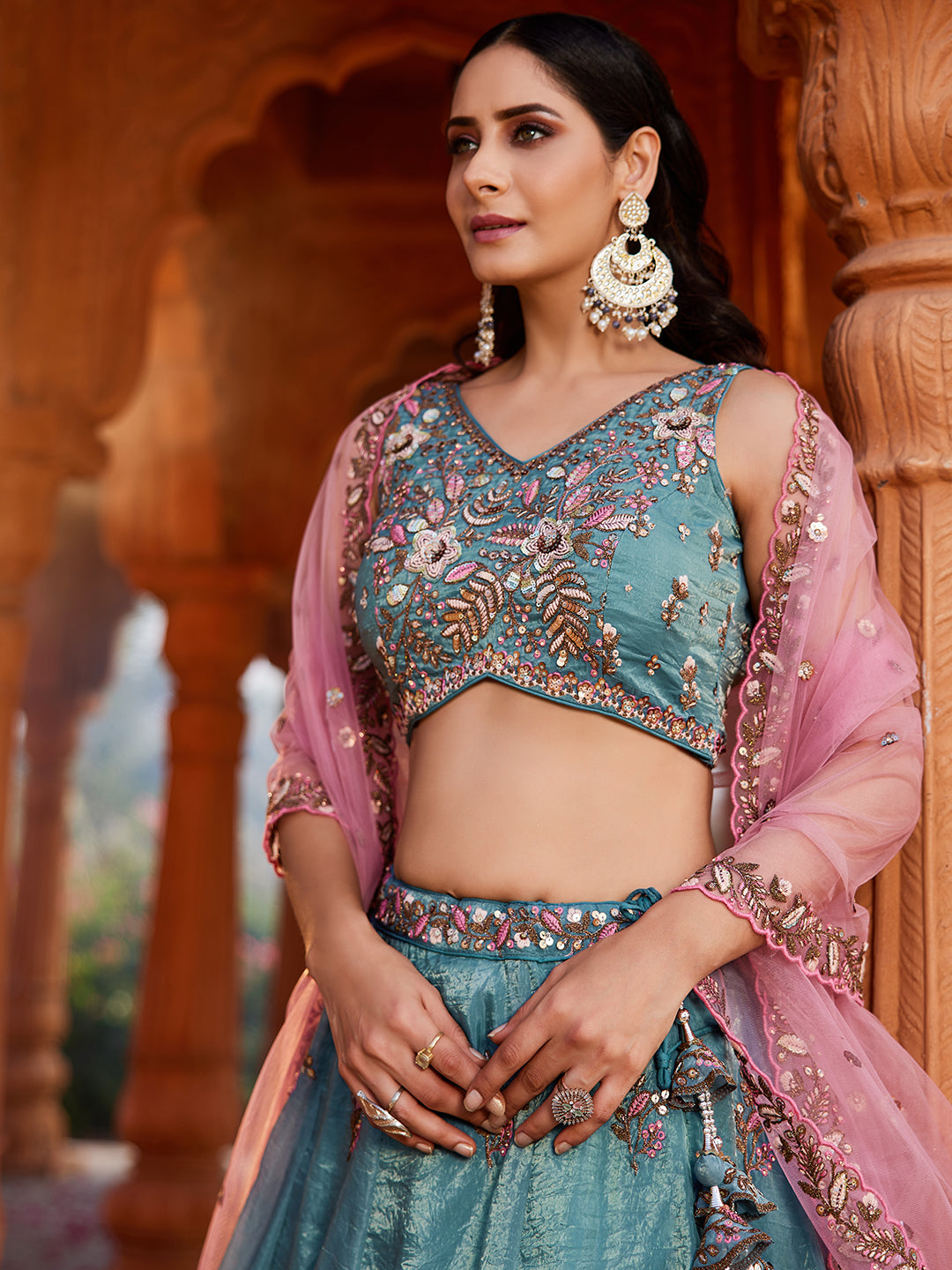 Lavishing green blue lehenga Tissue Fabric Sequins embroidery