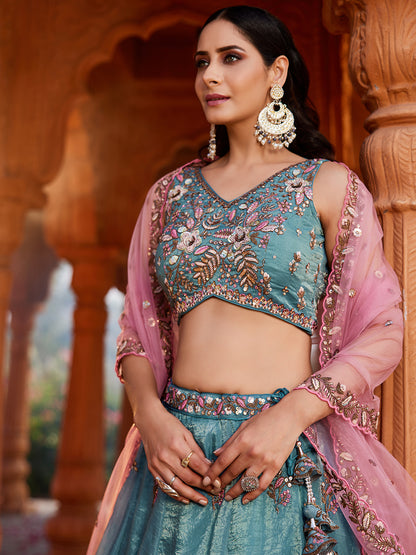 Lavishing green blue lehenga Tissue Fabric Sequins embroidery