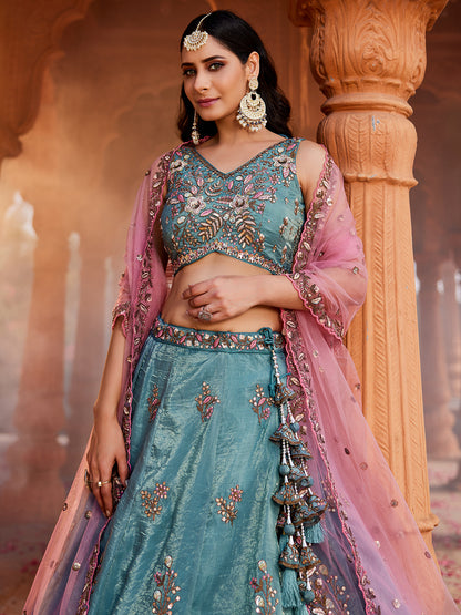 Lavishing green blue lehenga Tissue Fabric Sequins embroidery