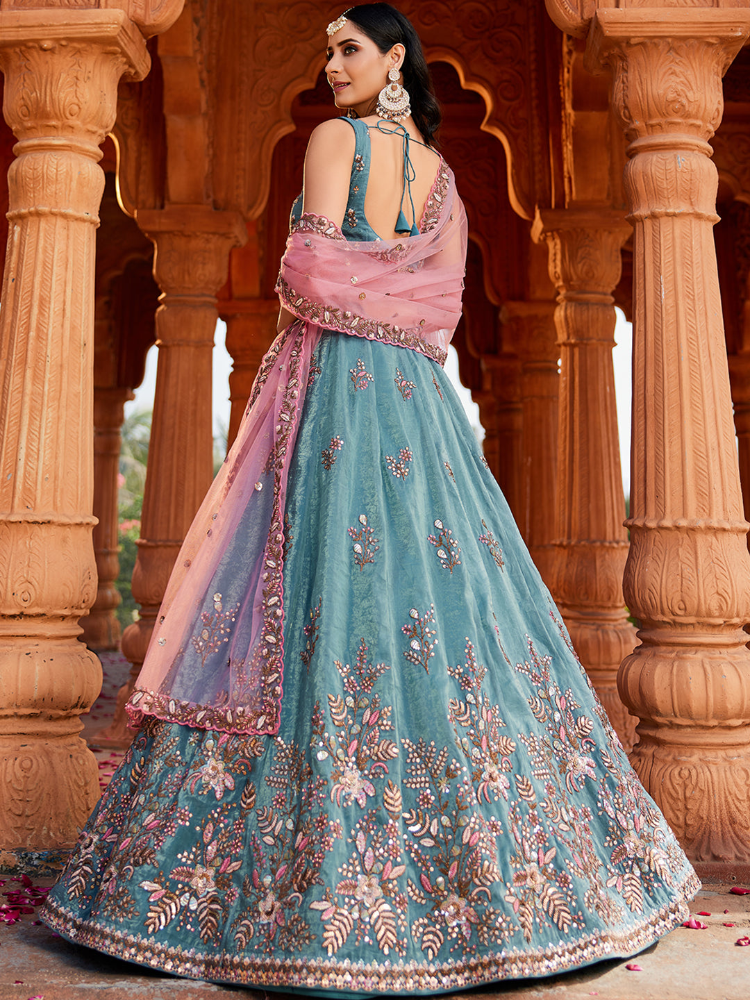 Lavishing green blue lehenga Tissue Fabric Sequins embroidery