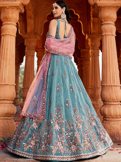 Lavishing green blue lehenga Tissue Fabric Sequins embroidery