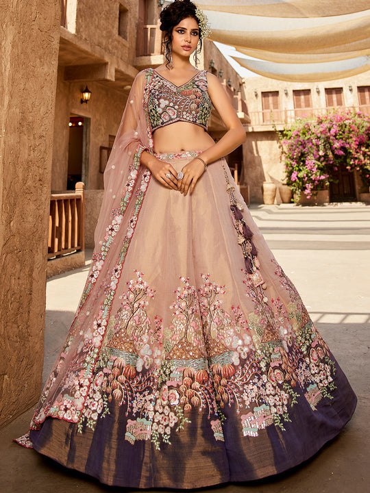 Purple Multi-Color Net Fabric Sequins Work Heavy Floral Embroidered Lehenga