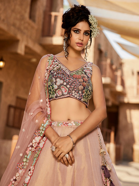 Purple Multi-Color Net Fabric Sequins Work Heavy Floral Embroidered Lehenga