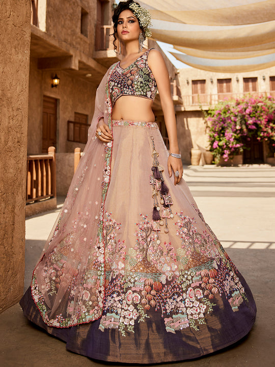 Purple Multi-Color Net Fabric Sequins Work Heavy Floral Embroidered Lehenga
