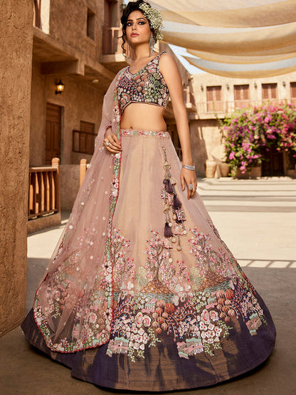 Purple Multi-Color Net Fabric Sequins Work Heavy Floral Embroidered Lehenga