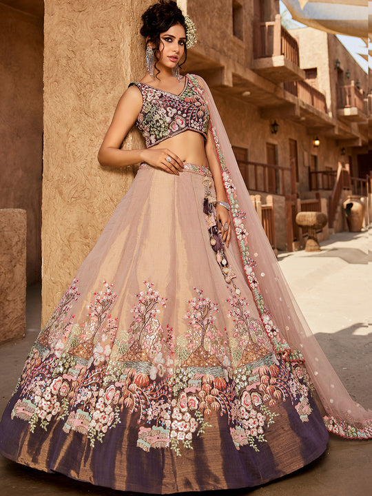 Purple Multi-Color Net Fabric Sequins Work Heavy Floral Embroidered Lehenga