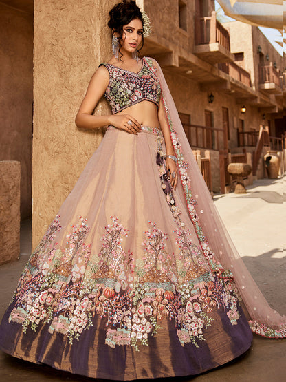 Purple Multi-Color Net Fabric Sequins Work Heavy Floral Embroidered Lehenga