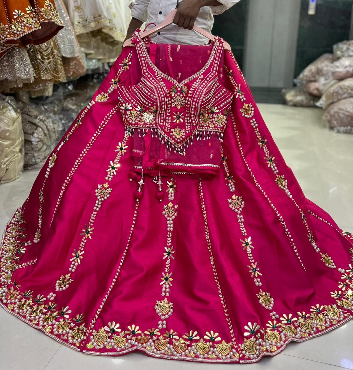 Pink white orange Crop Top Lehenga