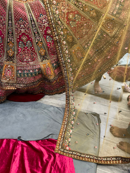Astonishing pink golden double dupatta bridal Lehenga
