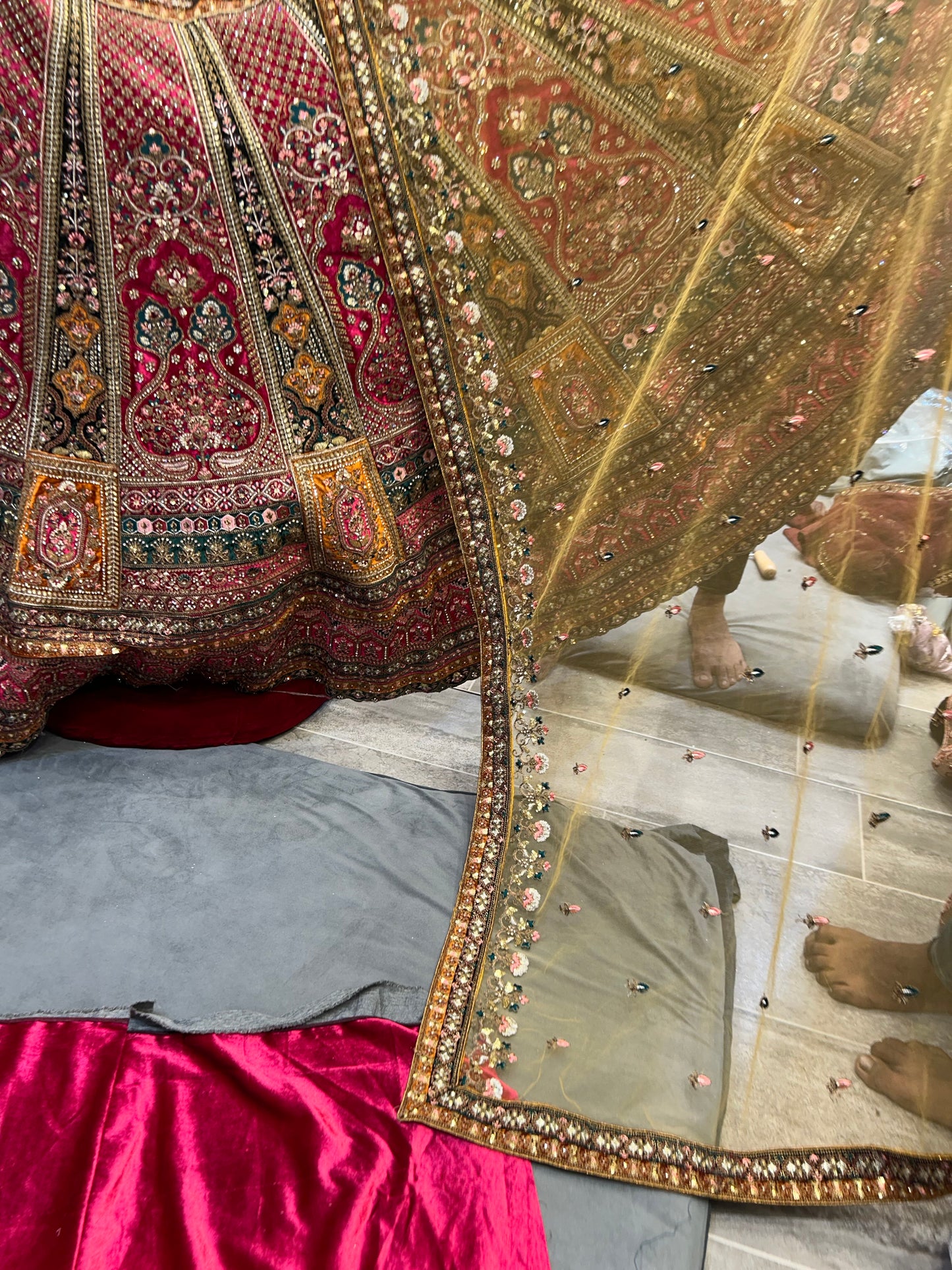 Astonishing pink golden double dupatta bridal Lehenga