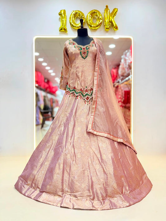 Pink Long Crop Top Lehenga