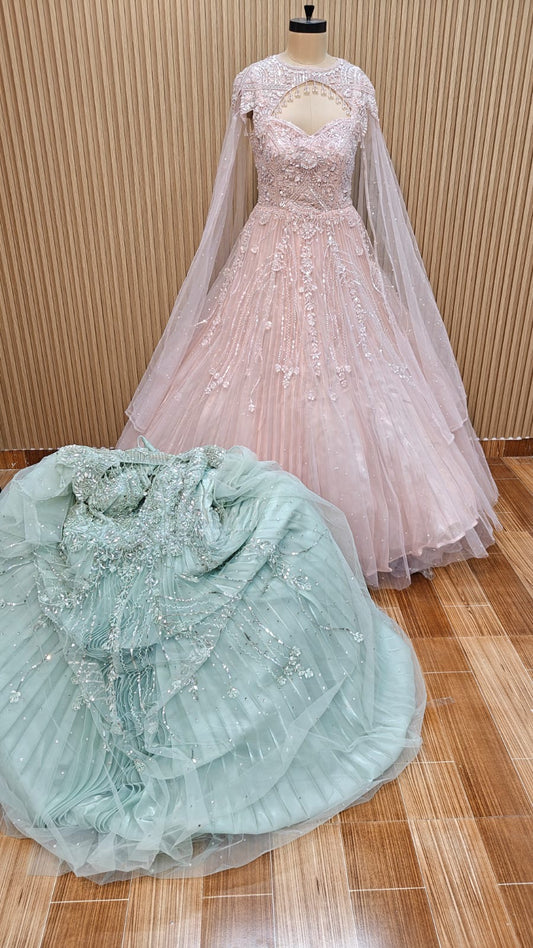 Pink green barbie Designer Gown