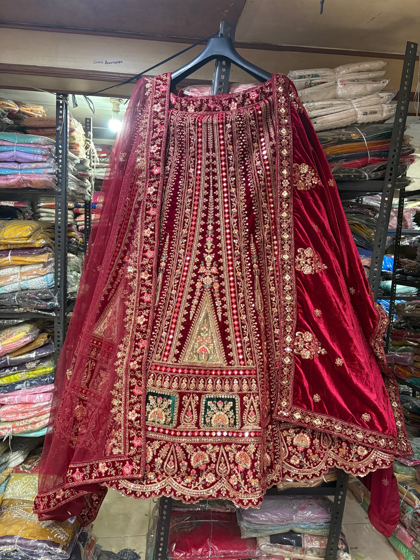 Attractive Maroon Double Dupatta Velvet Bridal Lehenga