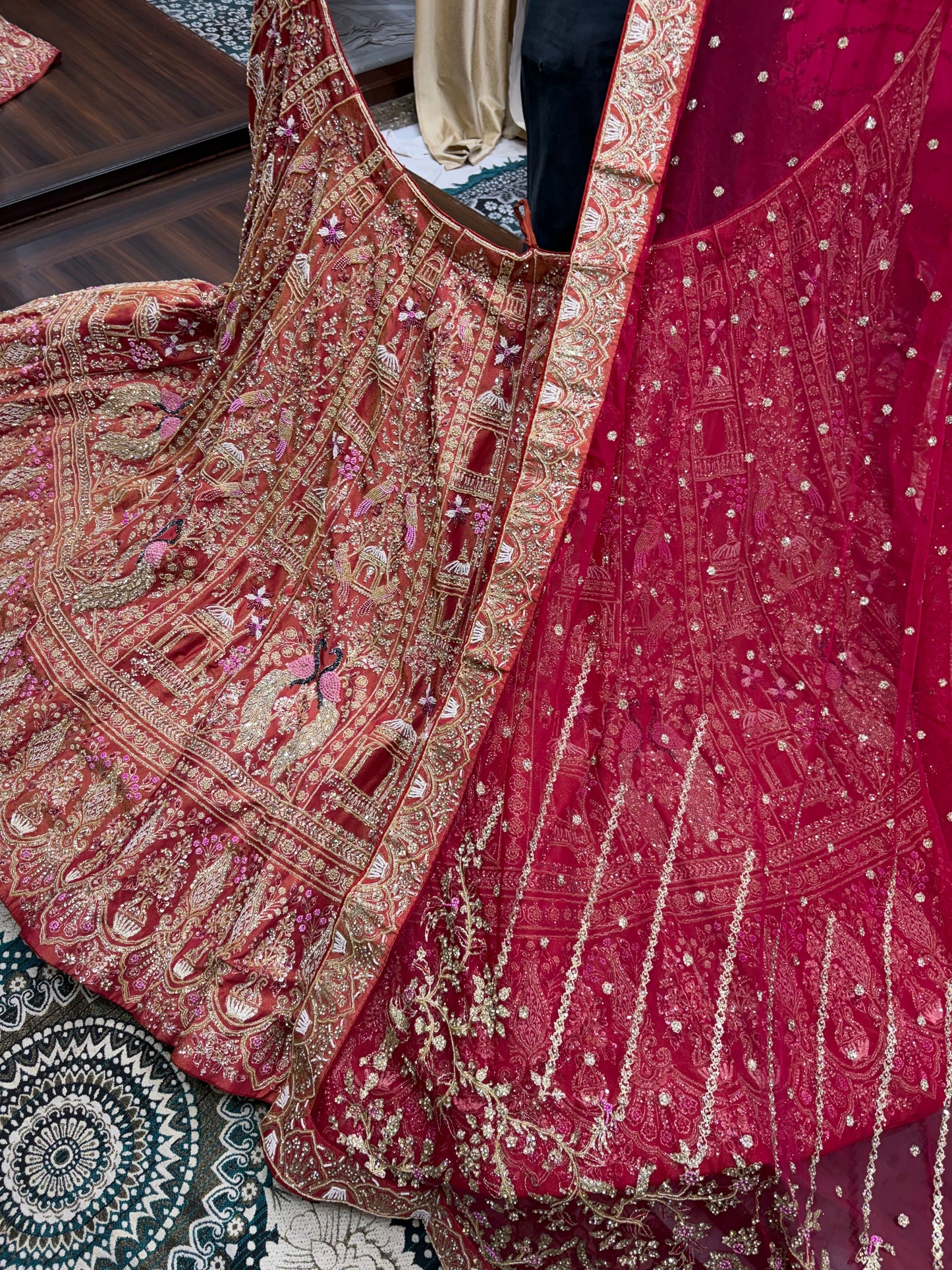 Orange Pink Peacock Bridal Lehenga