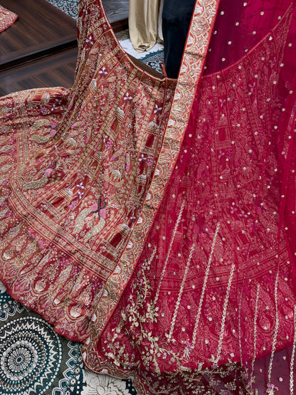 Orange Pink Peacock Bridal Lehenga