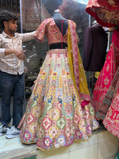 Designer Pink White Peacock Lehenga