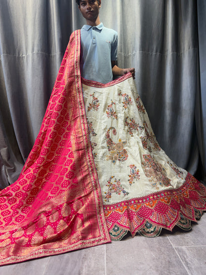Stunning White pink peacock Banarasi Crop Top Lehenga