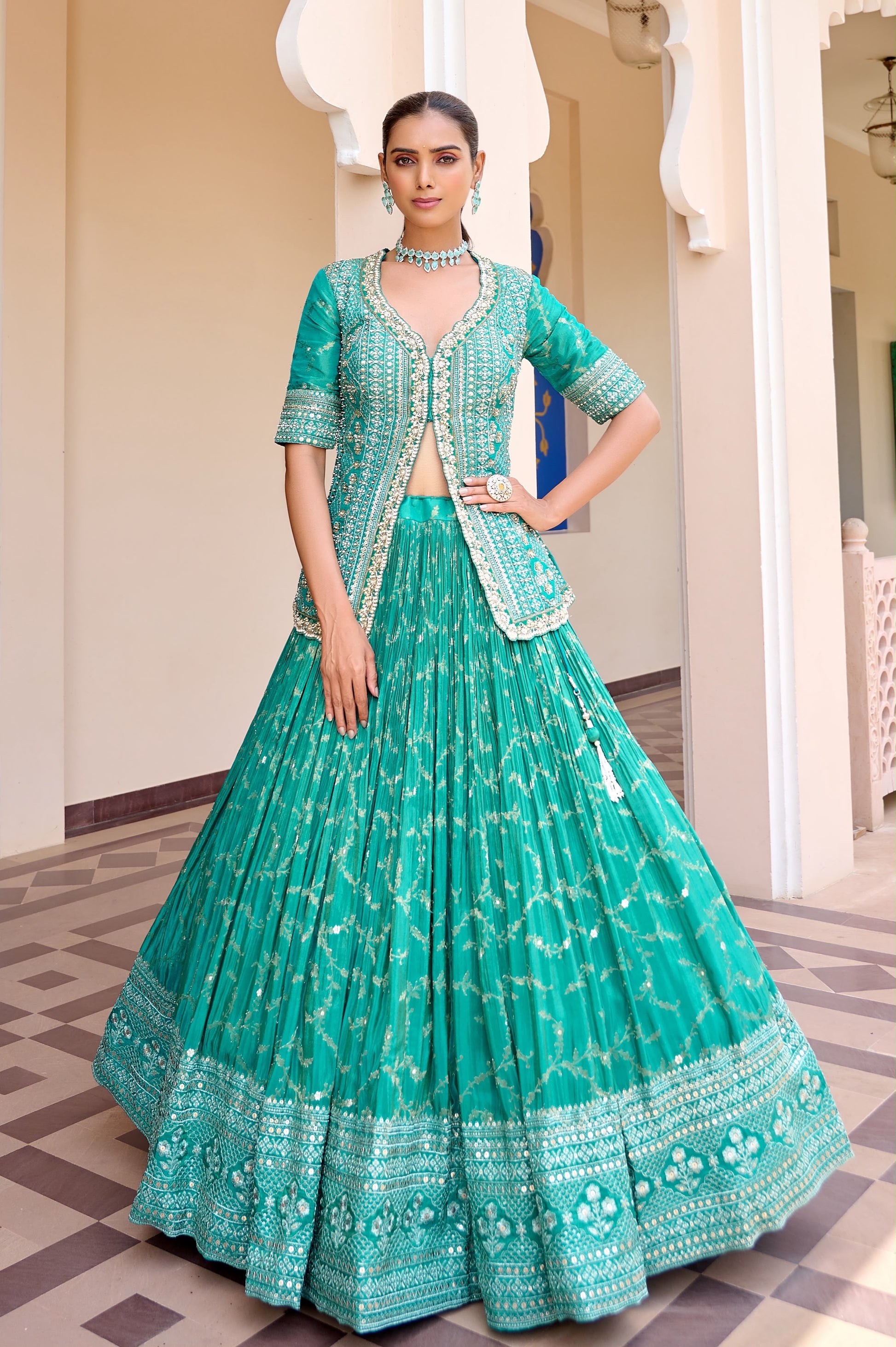 Green Farshi Garara Long Crop Top Lehenga ( Happy Customer) - Shopping World