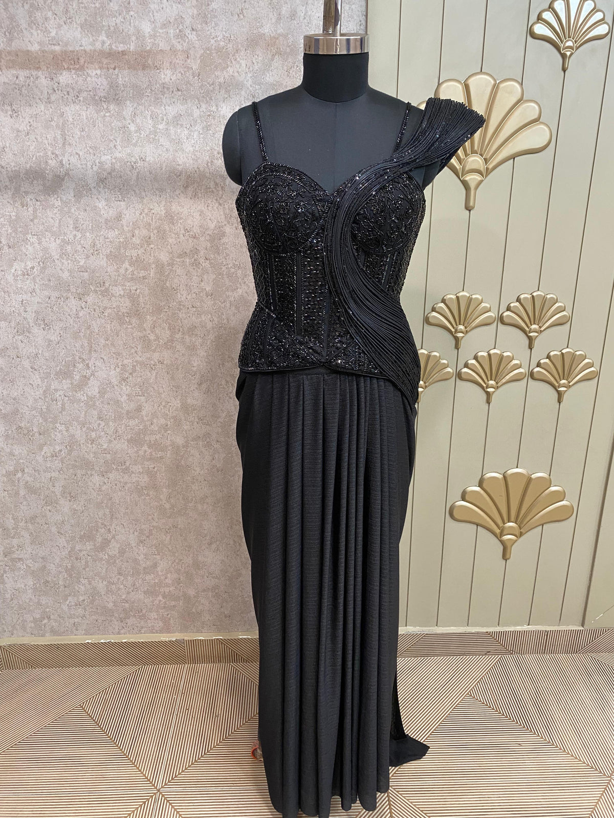 Black Designer Ready To Wear Drape Saree