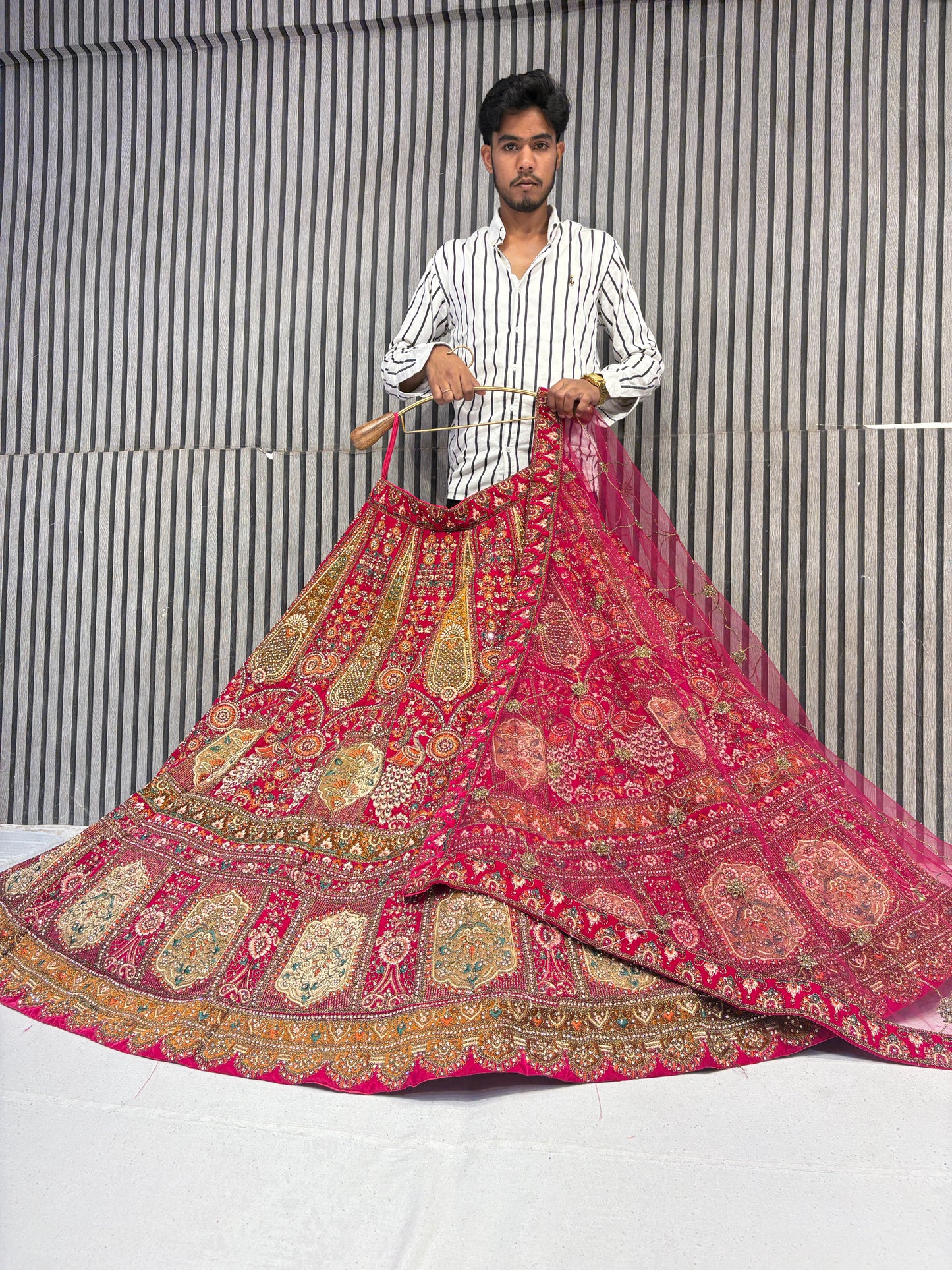Pretty red rani pink peacock handwork bridal Lehenga
