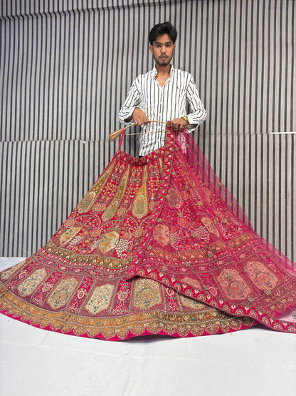 Pretty red rani pink peacock handwork bridal Lehenga