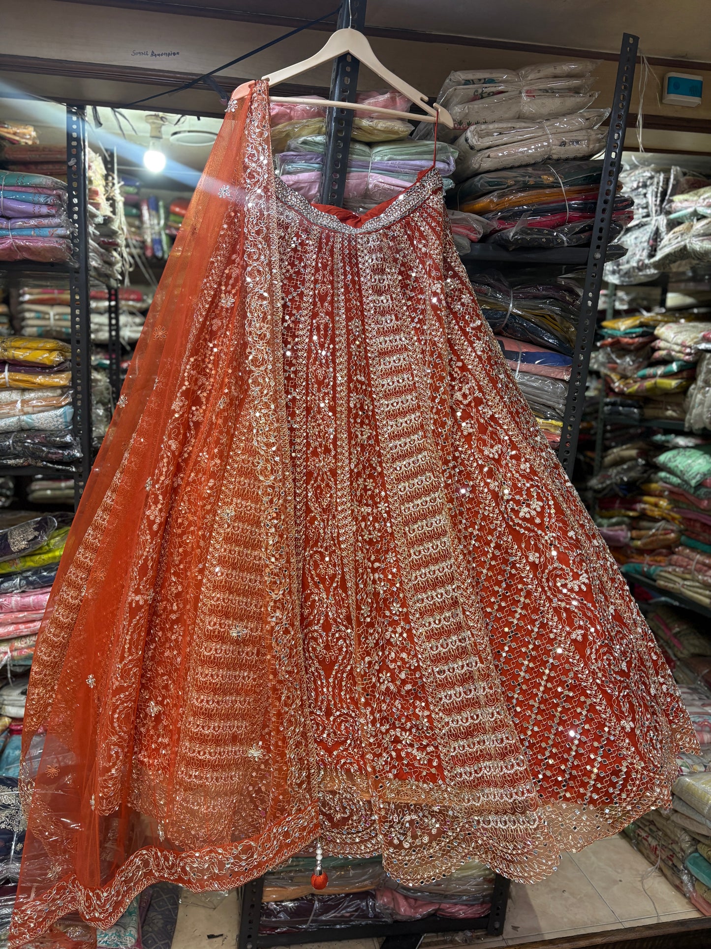 Astonishing Orange Ready to wear Mirror work Crop Top Lehenga