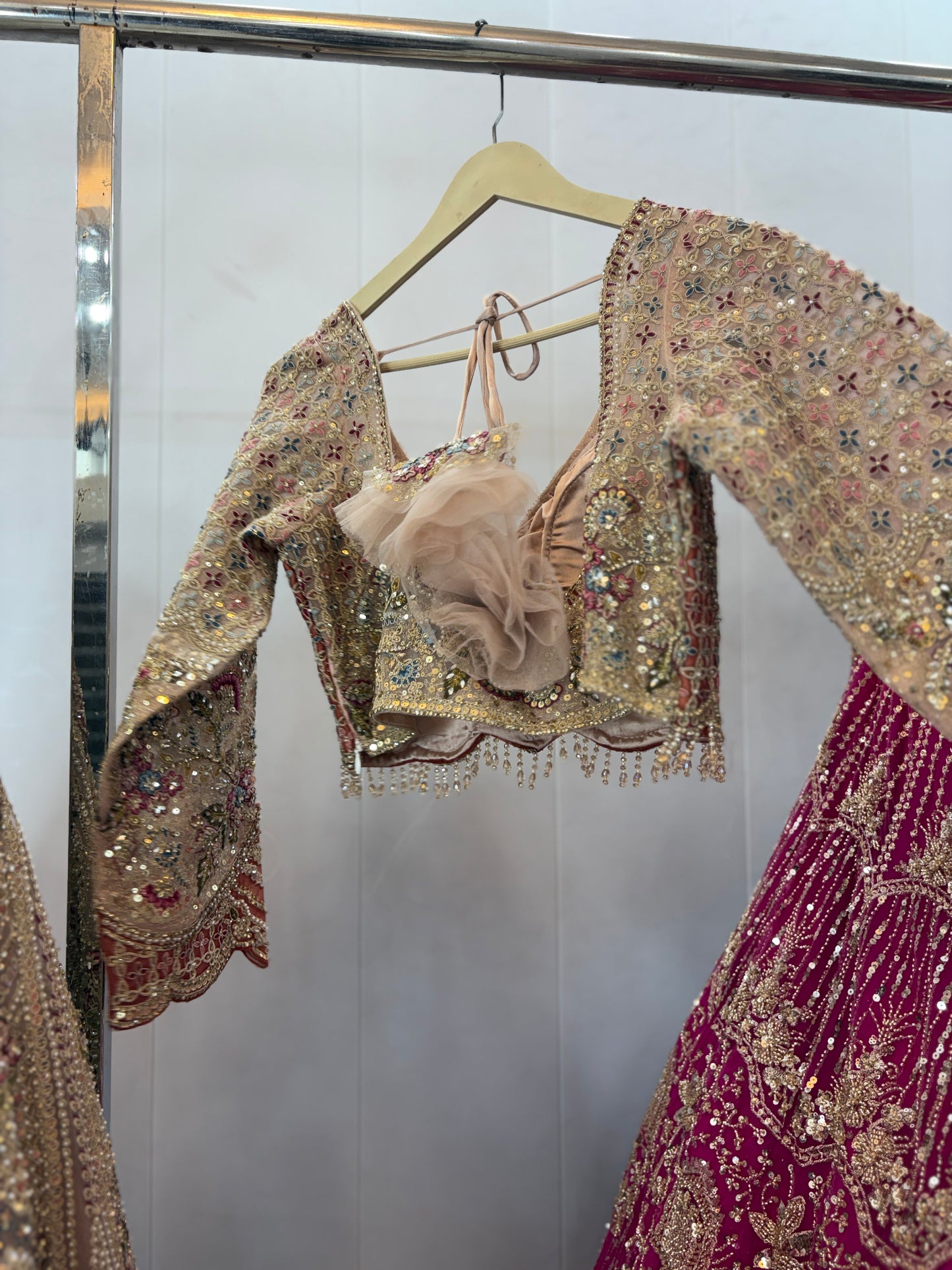 Beautiful Beige Golden Crop top Lehenga