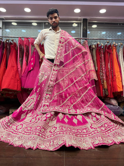 Lavishing Rani pink zardozi dabka handwork handmade bridal Lehenga