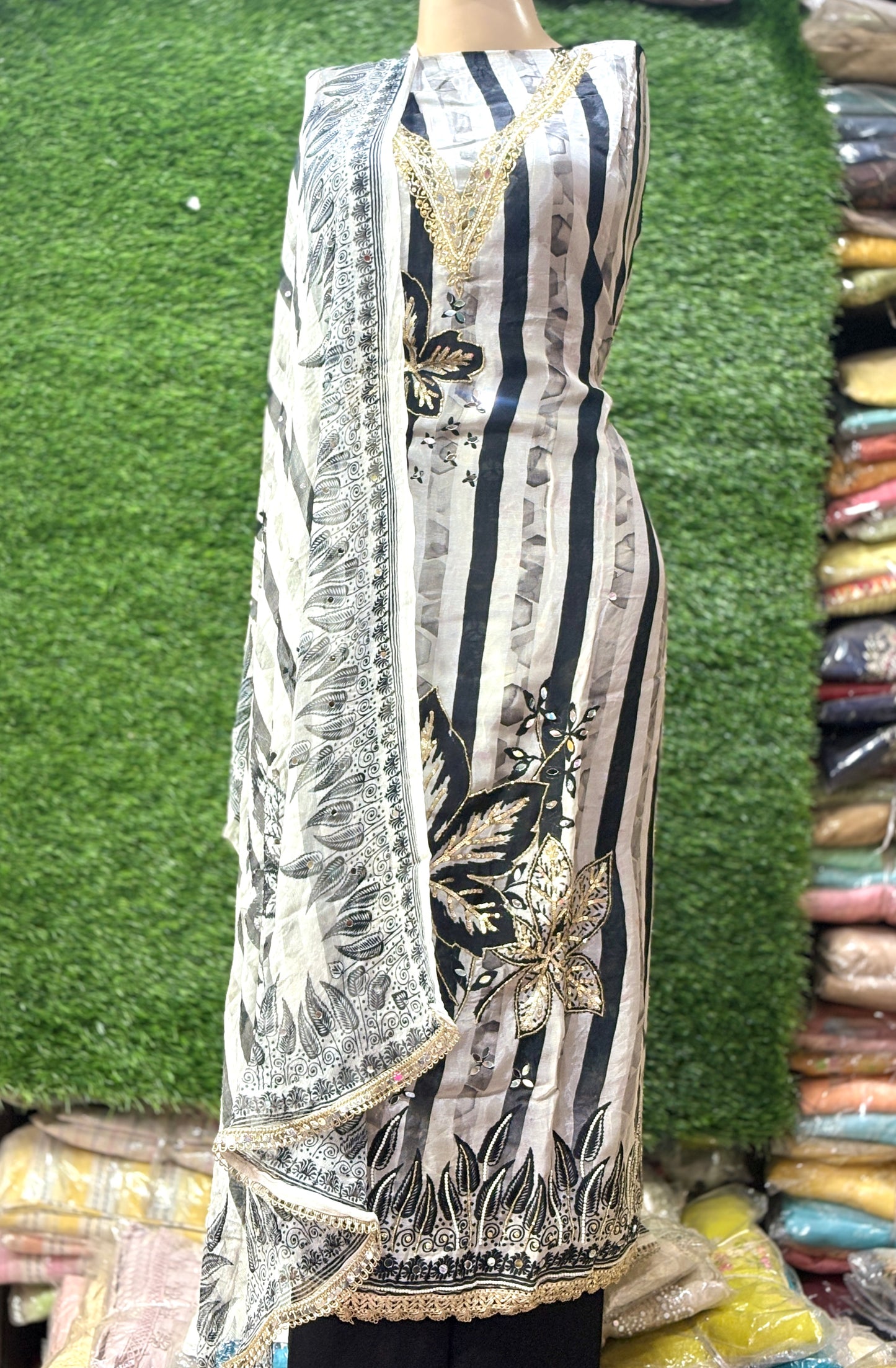 Beautiful white black unstitched salwar suit dress material(free size)