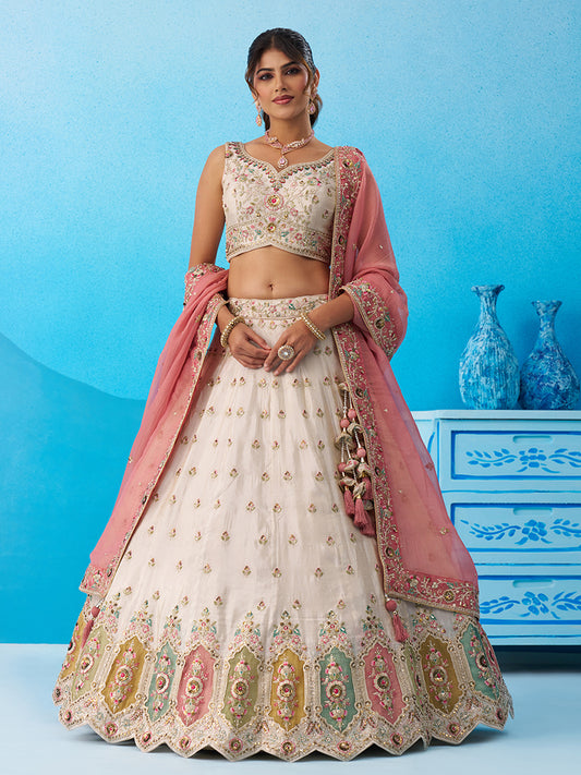 Cream pink- Tissue Sequins Embroidered Multicolor Patch Work Lehenga 6166