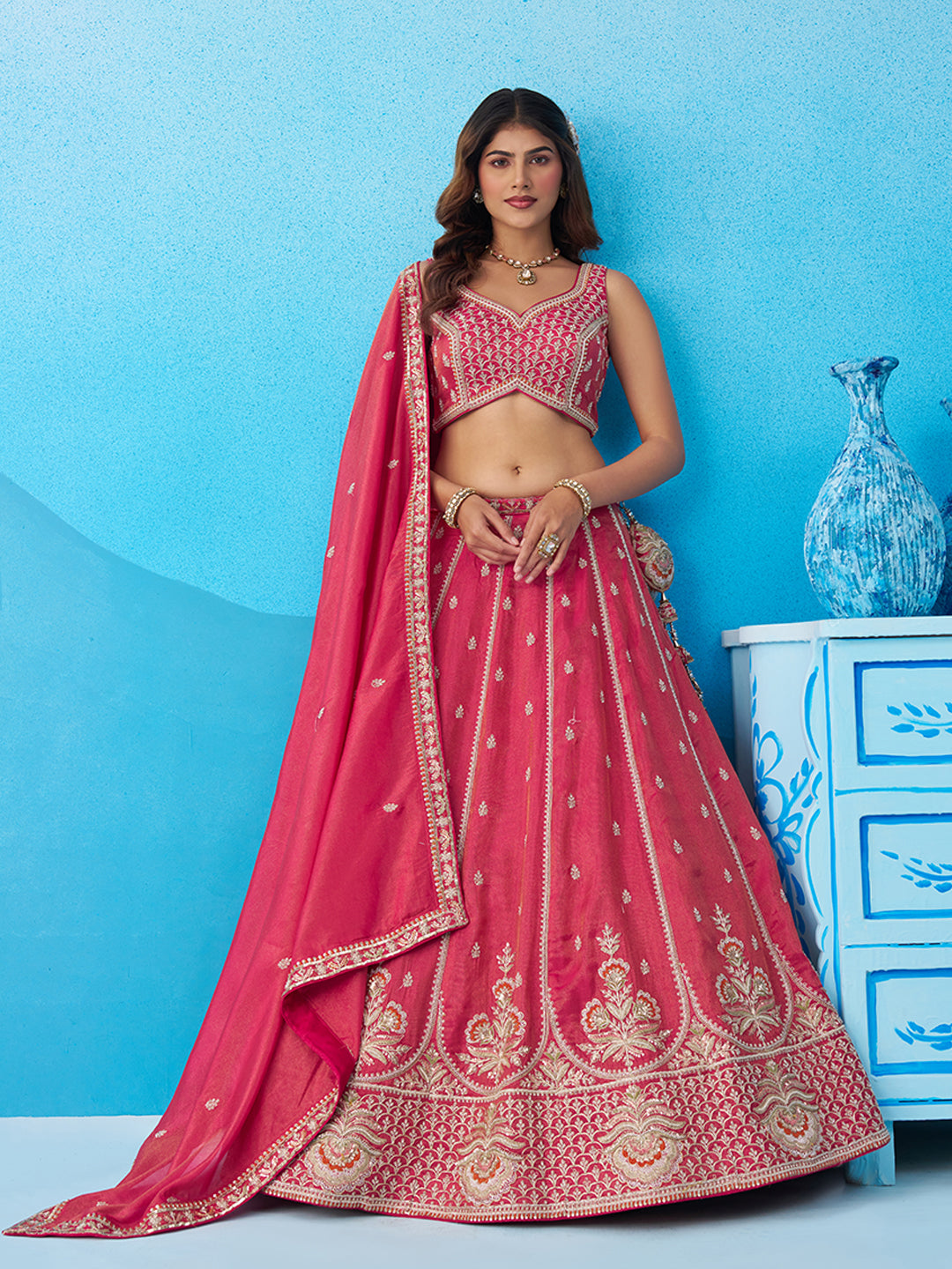 Rani Pink- Tissue Beads & Sequins Embroidered Lehenga 6308